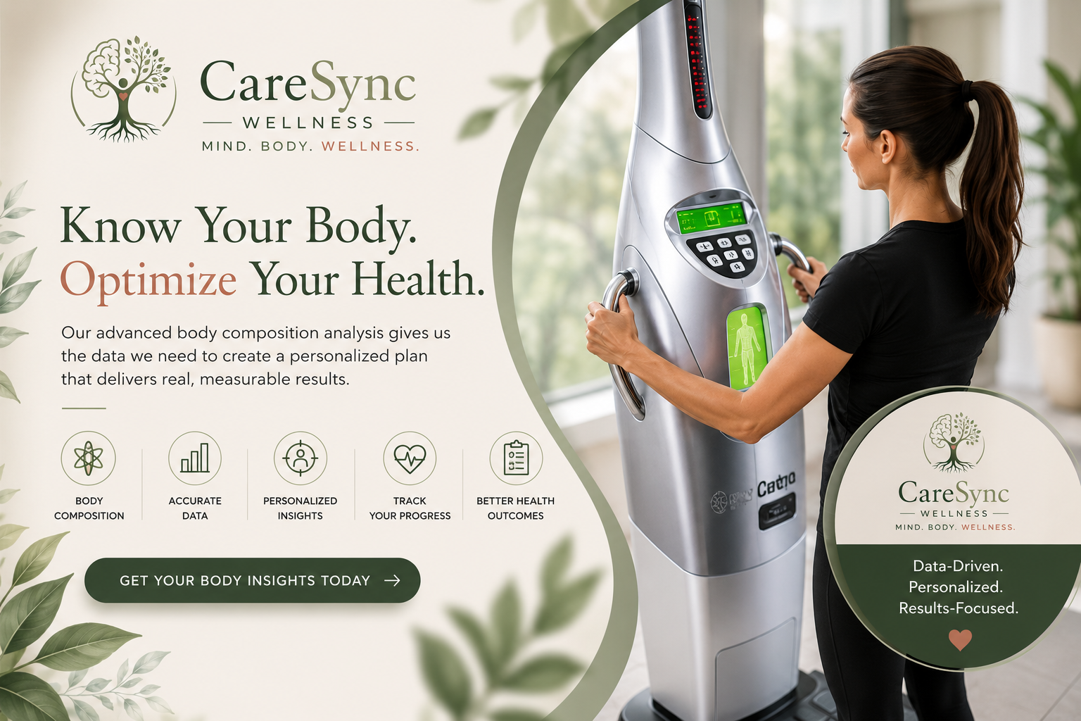 Woman using an advanced body composition analyzer at CareSync Wellness to assess body fat percentage, muscle mass, metabolic health, hydration levels, and overall wellness for a personalized health optimization plan.