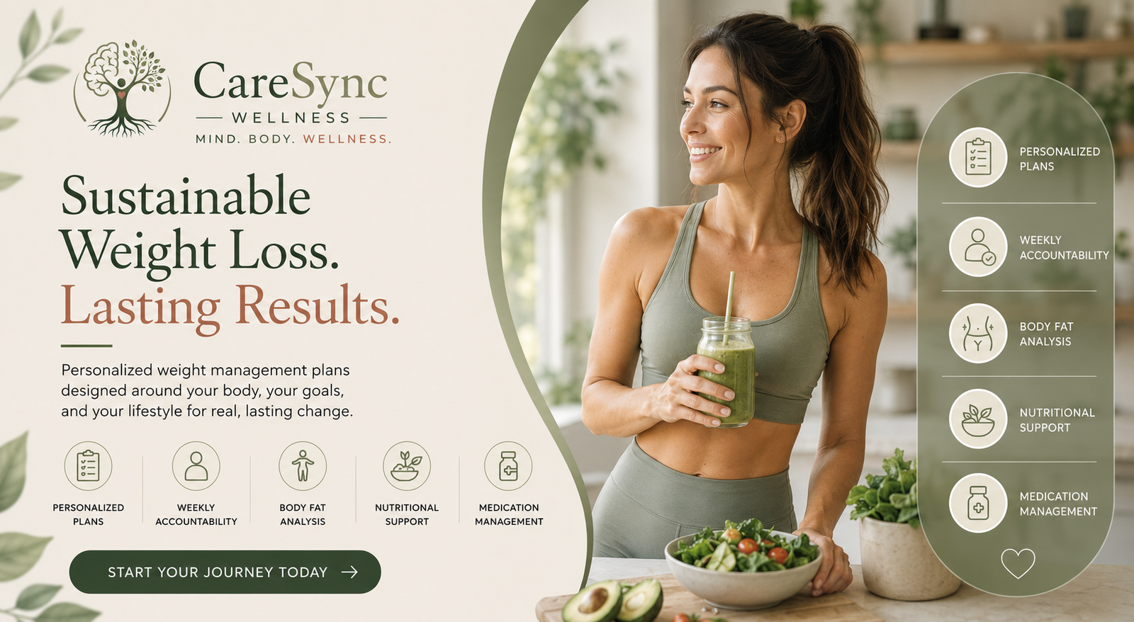 Woman enjoying a healthy lifestyle with nutritious foods and personalized wellness support, representing sustainable weight management, metabolic health, and long-term wellness at CareSync Wellness.