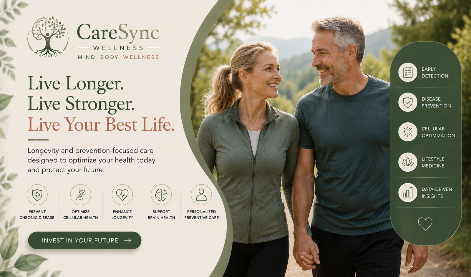 Active healthy middle-aged couple enjoying an outdoor walk, representing longevity, preventive wellness, healthy aging, disease prevention, and personalized health optimization at CareSync Wellness.