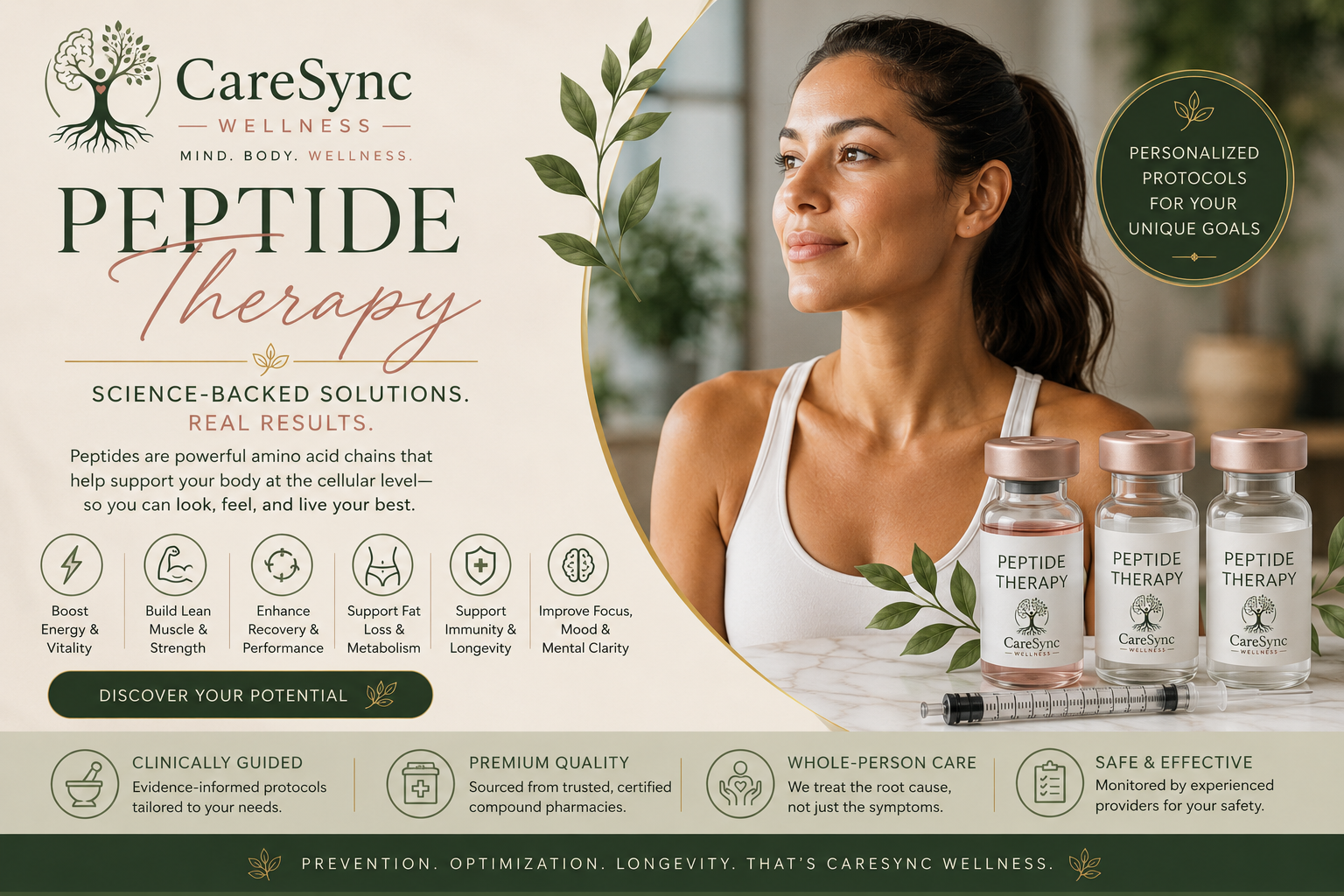 Personalized Peptide Therapy | CareSync Wellness™ Professional promotional graphic for CareSync Wellness™ featuring personalized peptide therapy, wellness optimization, cellular health support, premium peptide formulations, and whole-person preventive care.