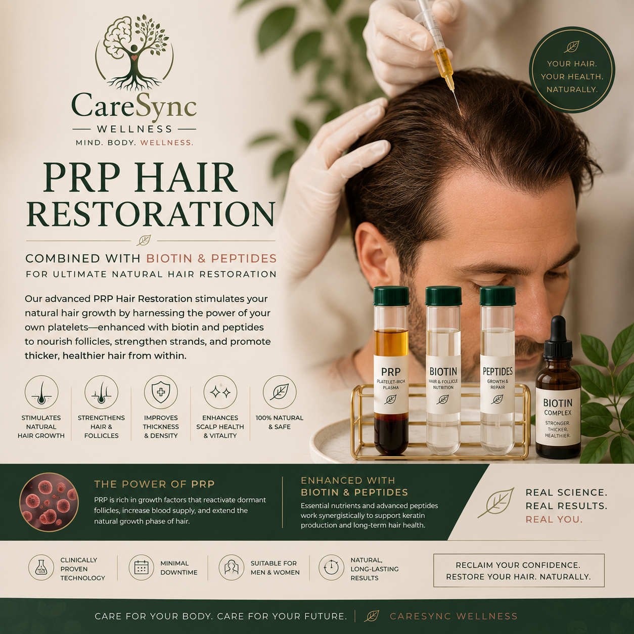 PRP hair restoration combined with biotin and peptides