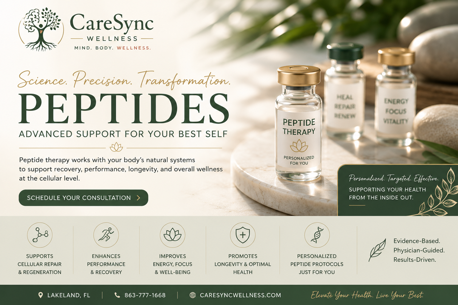 Peptide Therapy in Lakeland, FL | Personalized Wellness | CareSync Wellness™ peptide therapy at CareSync Wellness™ featuring peptide vials, elegant wellness imagery, and messaging focused on personalized peptide protocols, cellular health, recovery, longevity, and whole-person wellness in Lakeland, Florida.