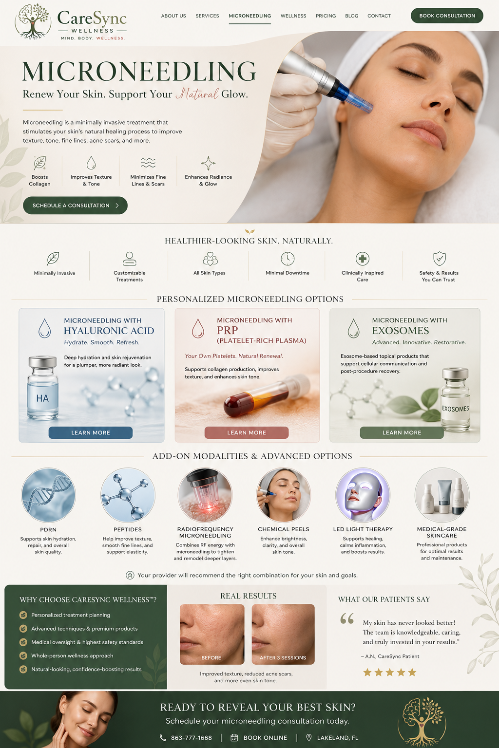 Professional Microneedling in Lakeland, Florida | CareSync Wellness™ Professional microneedling treatment at CareSync Wellness™ in Lakeland, Florida, featuring personalized skin rejuvenation options including hyaluronic acid, PRP, exosomes, PDRN, peptides, radiofrequency microneedling, and advanced aesthetic therapies