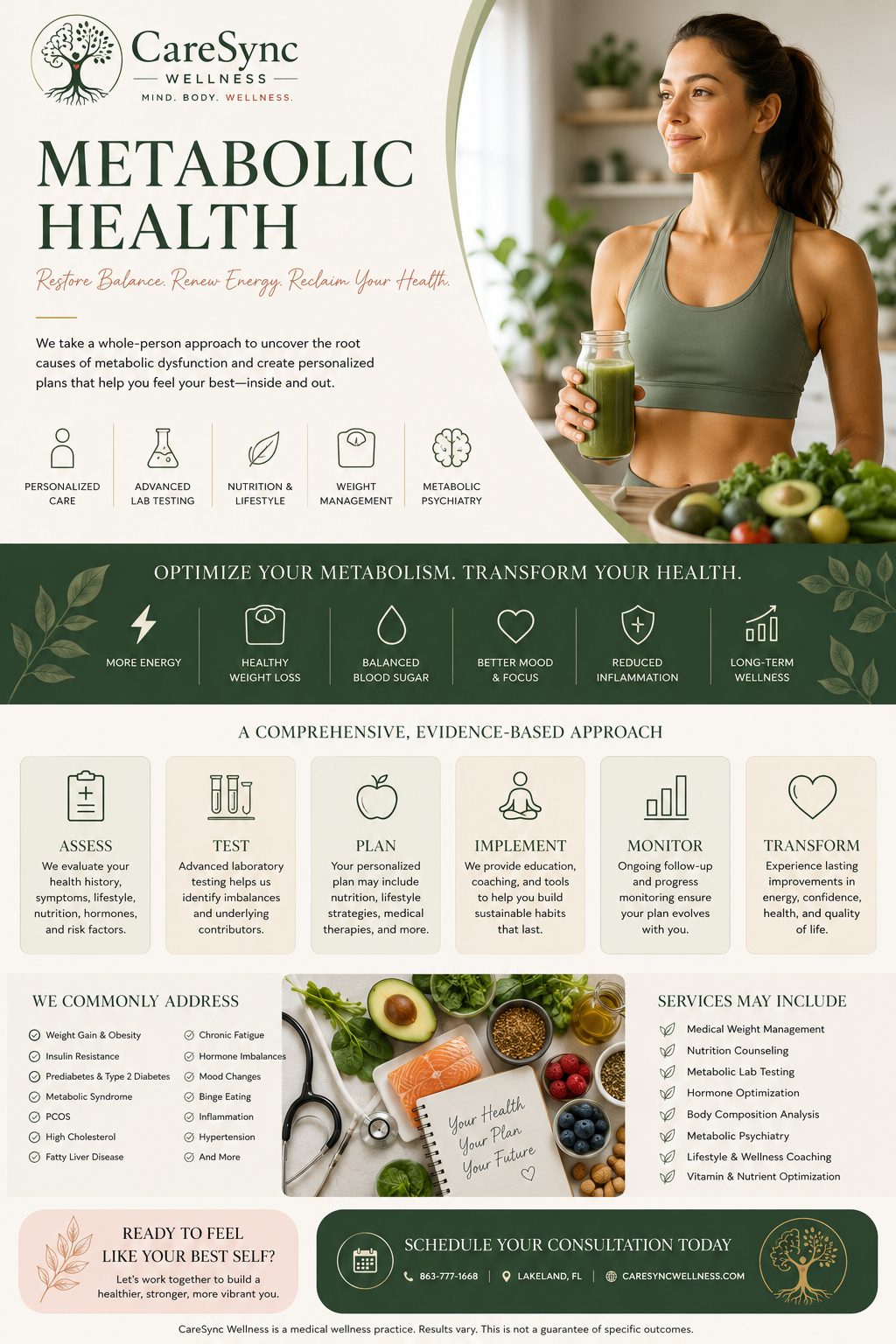 Metabolic Health & Medical Weight Management | CareSync Wellness™ Patient participating in a personalized metabolic health program at CareSync Wellness™ in Lakeland, Florida, highlighting nutrition, lifestyle medicine, medical weight management, metabolic psychiatry, laboratory testing, and whole-person wellness.