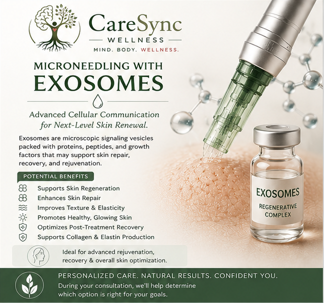 Exosome Microneedling Consultation | Lakeland FL | CareSync Wellness™ Learn about personalized consultations for microneedling with exosome-based products at CareSync Wellness™, where treatment options are selected based on individual goals and current evidence.