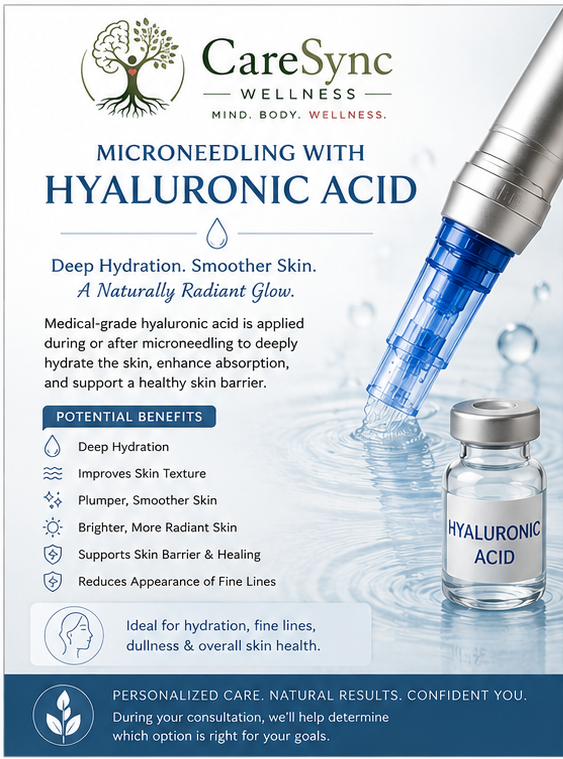 Microneedling with Hyaluronic Acid | Lakeland FL | CareSync Wellness™ Professional microneedling with hyaluronic acid at CareSync Wellness™ in Lakeland, Florida, designed to improve skin hydration, texture, radiance, and the appearance of fine lines.