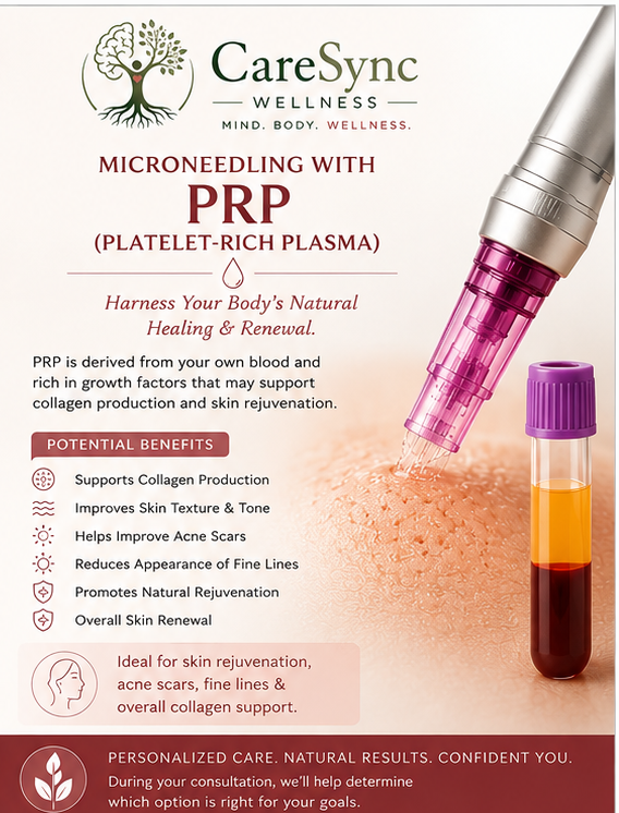 PRP Microneedling in Lakeland, FL | CareSync Wellness™ Discover personalized PRP microneedling at CareSync Wellness™ to support collagen remodeling and improve the appearance of acne scars, skin texture, and fine lines.